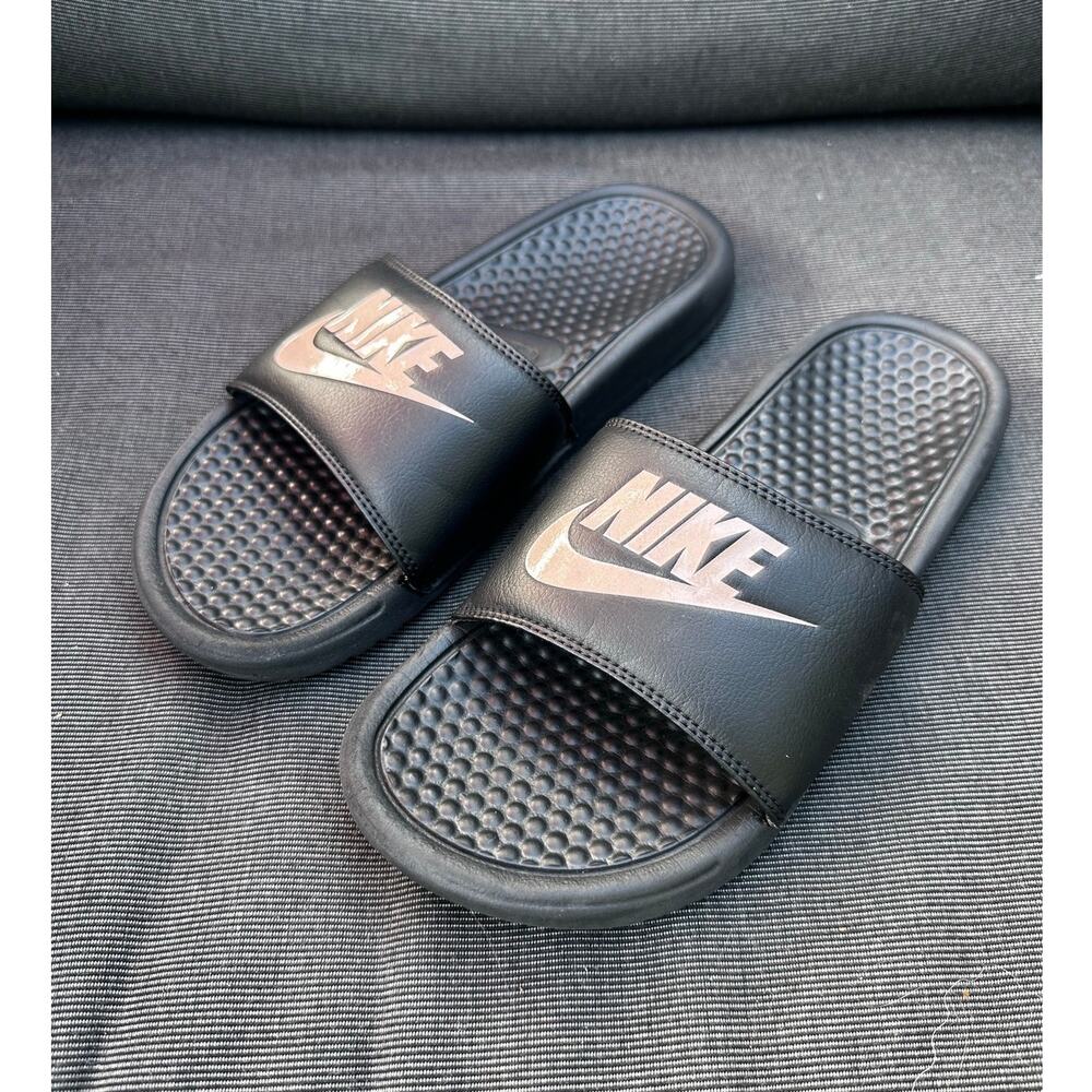 Nike Benassi JDI Black Rose Gold Women's Slides Sandals Size 7 EUC!